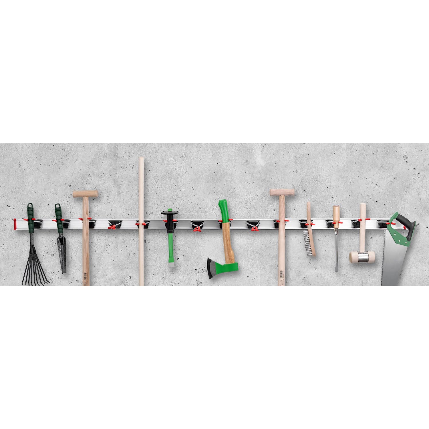 Suport depozitare BRUNS pentru scule si unelte, tip cuier 4 cleme, 2 carlige, sina 0.5 m