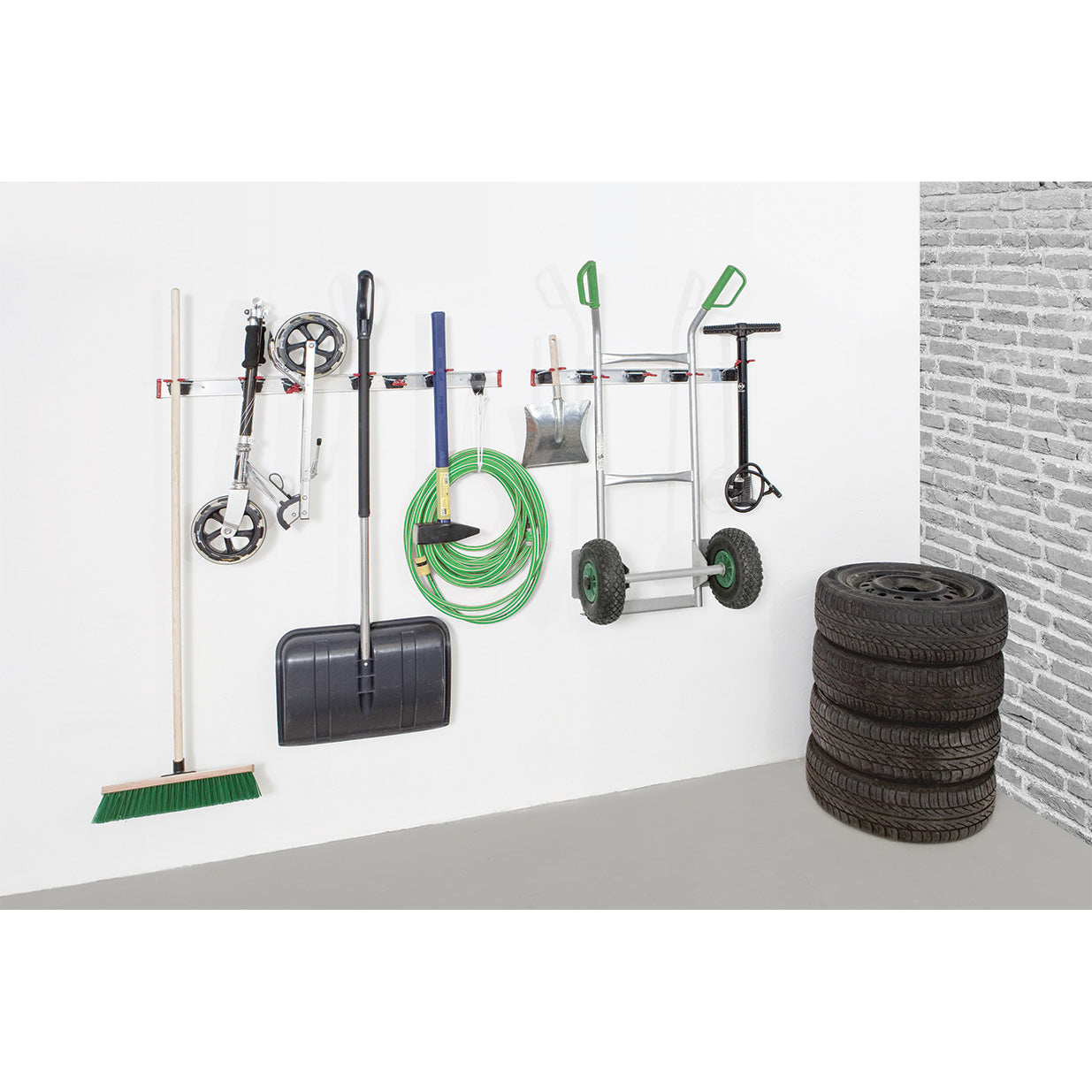 Suport depozitare BRUNS pentru scule si unelte, tip cuier 4 cleme, 2 carlige, sina 0.5 m