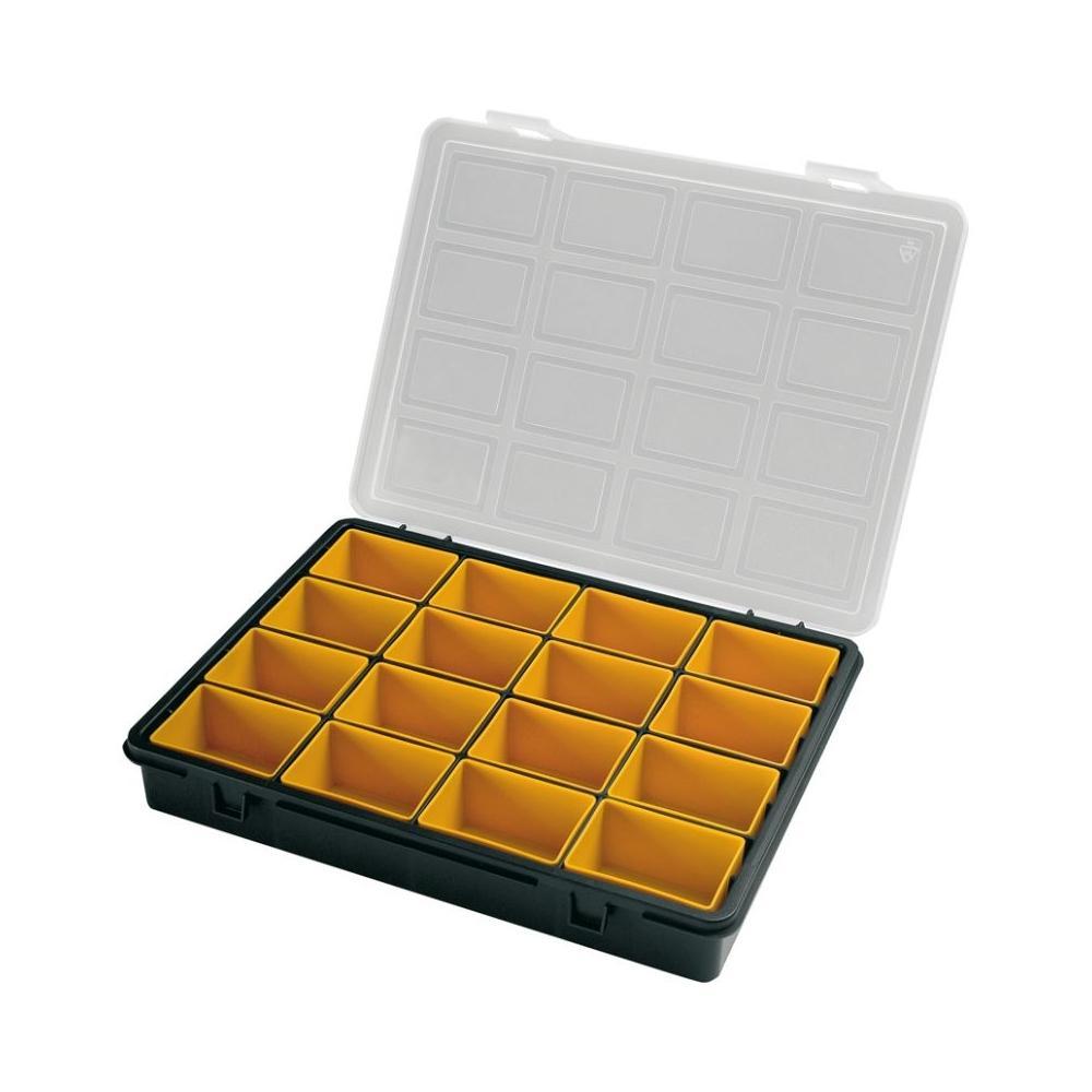 Cutie depozitare plastic cu 12 separatoare detasabile galben cu gri, capac transparent 242x188x37mm - sculeshop
