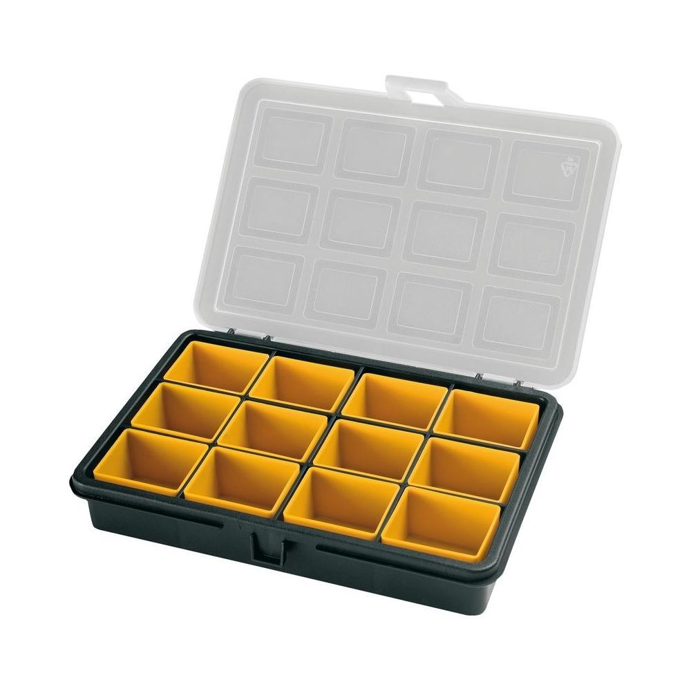 Cutie depozitare plastic cu 12 separatoare galben cu gri, capac transparent 180x128x32mm - sculeshop