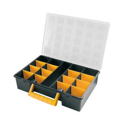 Cutie depozitare plastic cu 17 seperatoare detasabile galben cu gri, capac transparent si maner rabatabil 362x250x85mm - sculeshop