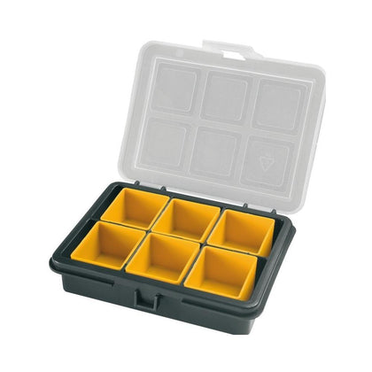Cutie depozitare plastic cu 6 separatoare detasabile galben cu gri, capac transparent 120x100x28 mm - sculeshop